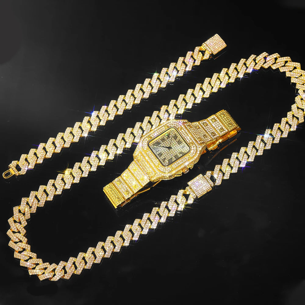 Men's Gold Cuban Chain Hip Hop Watch & Bracelet Set | Iced Out Rhinestone Bling Rapper Jewelry