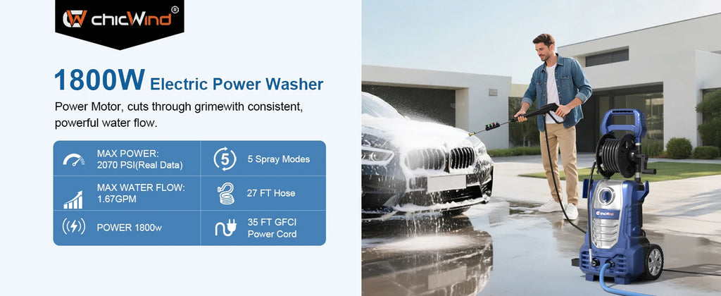 Electric Pressure Washer – Hose Reel & Five Nozzles