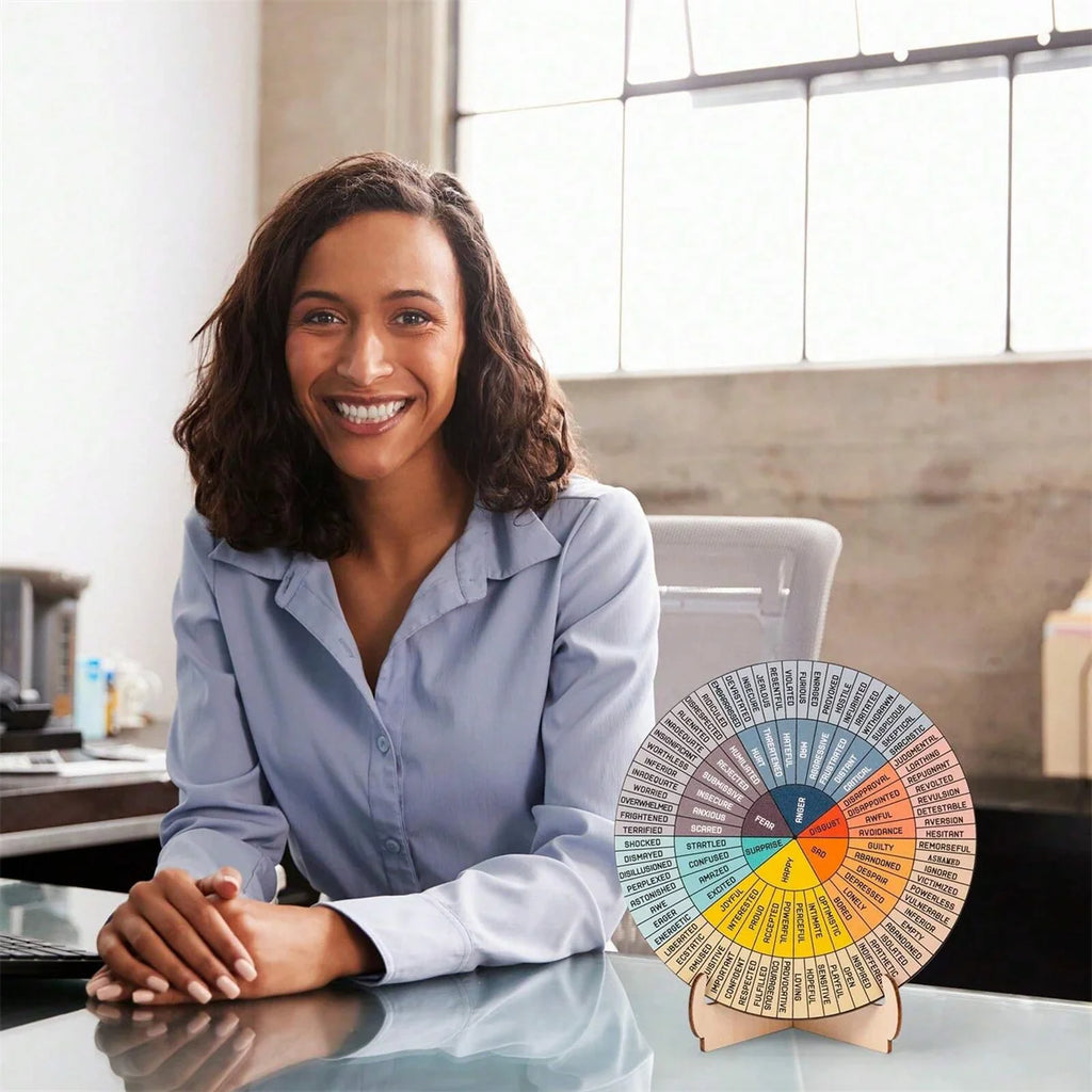 Feelings Wheel Desk Decor — Double-Sided Mental Health Emotions Chart with Stand
