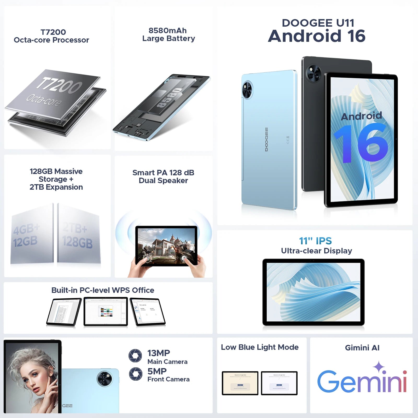 DOOGEE U11 11" Android 15 Tablet – 90Hz Display, 4GB RAM, 128GB ROM, 8580mAh, Dual Speaker, Widevine L1