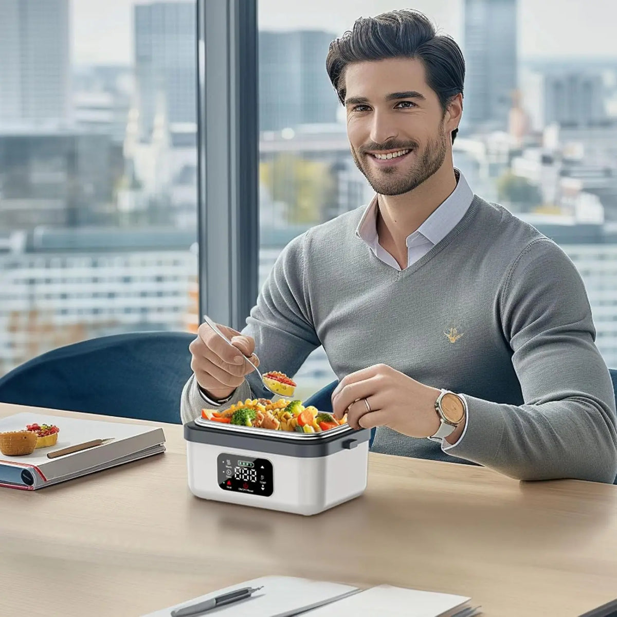 Portable Electric Lunch Box – 1L Self-Heating with 16000mAh Power Bank, Wireless, for Work, Travel & Car