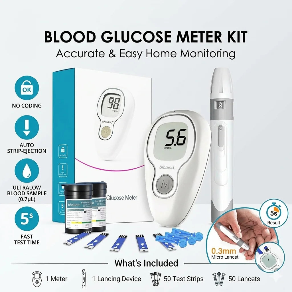 Blood Glucose Meter Kit – Auto Coding 5-Second Fast Read Large LCD with Test Strips Lancets & Lancing Device