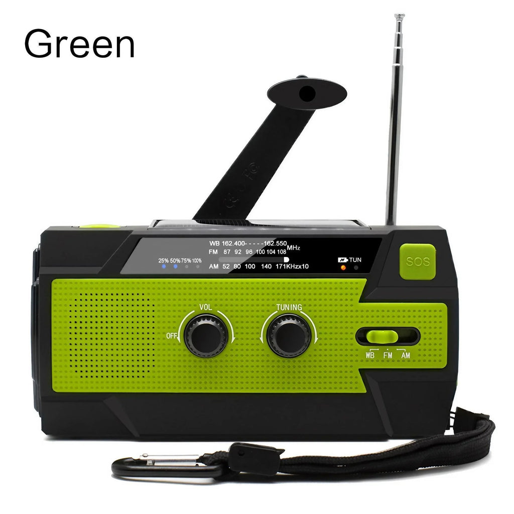 Emergency Weather Radio — FM/AM/WB, Hand Crank Solar, 2000mAh Power Bank & LED Flashlight