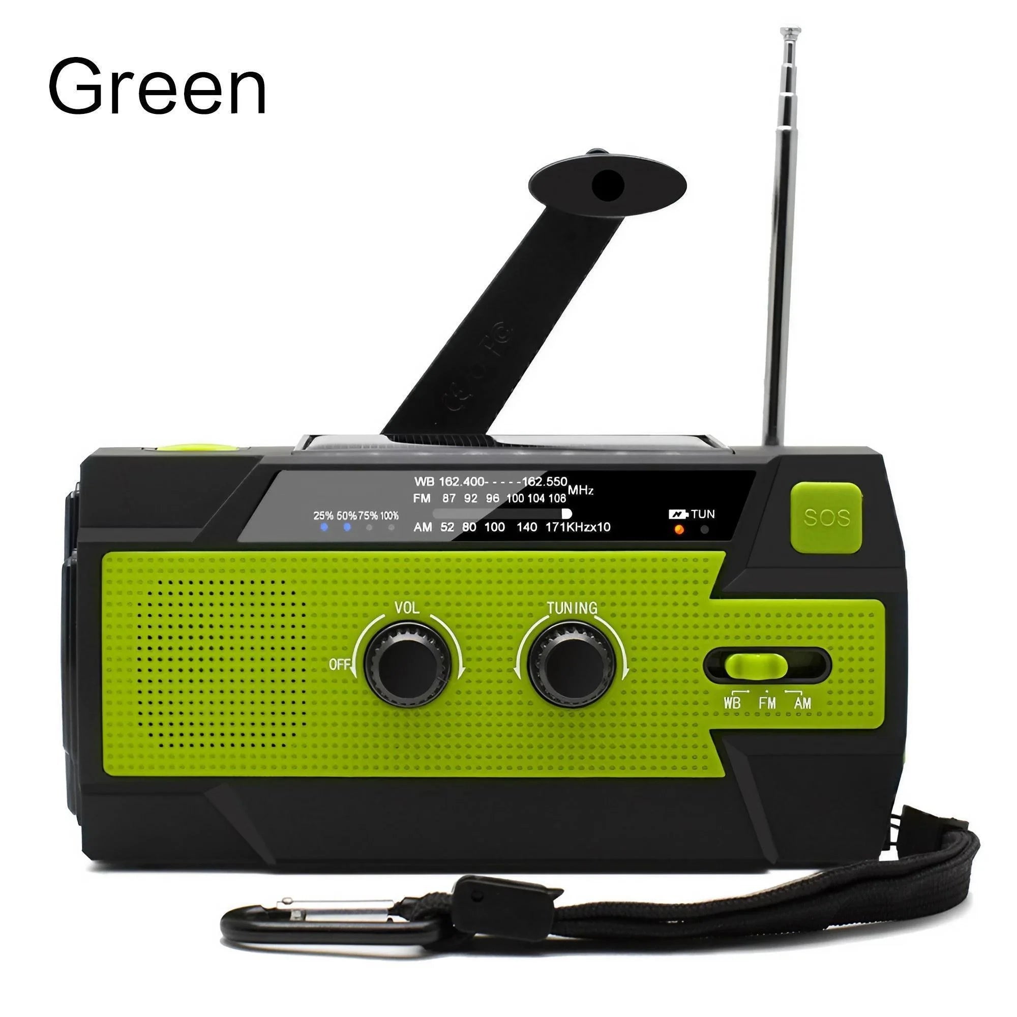 Emergency Weather Radio — FM/AM/WB, Hand Crank Solar, 2000mAh Power Bank & LED Flashlight