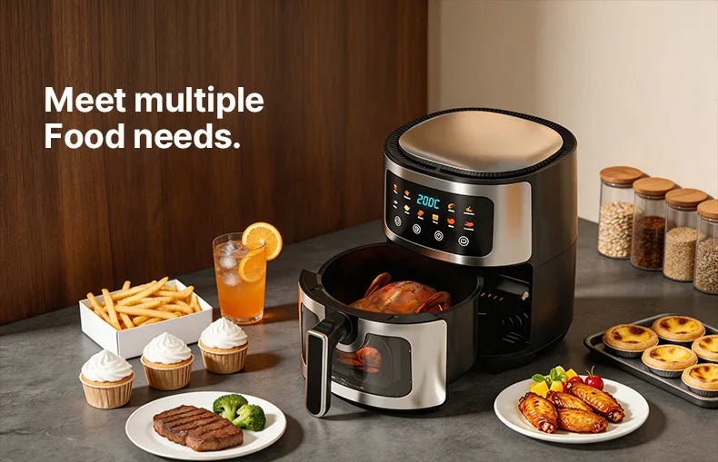 8L Large Air Fryer with Visible Window Digital Touchscreen 8 Presets Stainless Steel Oil-Free Healthy Cooker for Home Kitchen