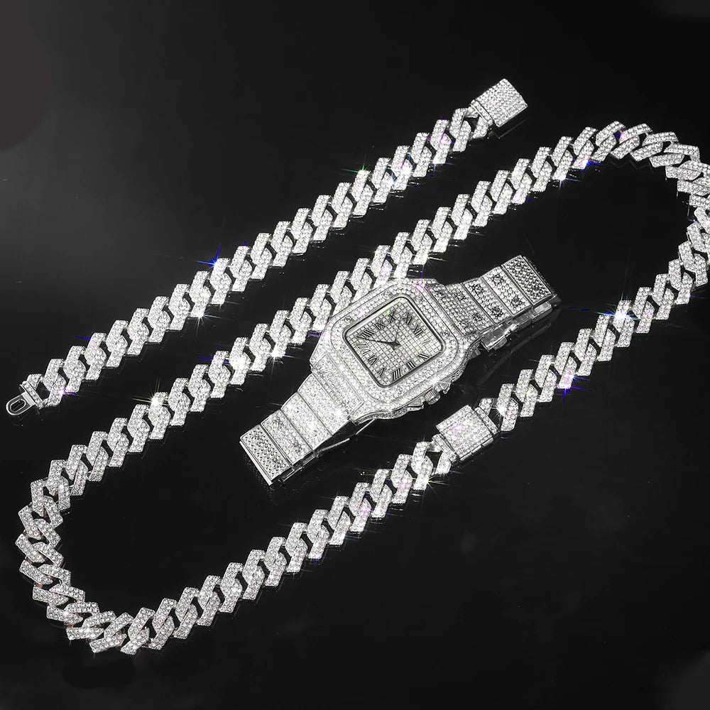 Men's Gold Cuban Chain Hip Hop Watch & Bracelet Set | Iced Out Rhinestone Bling Rapper Jewelry
