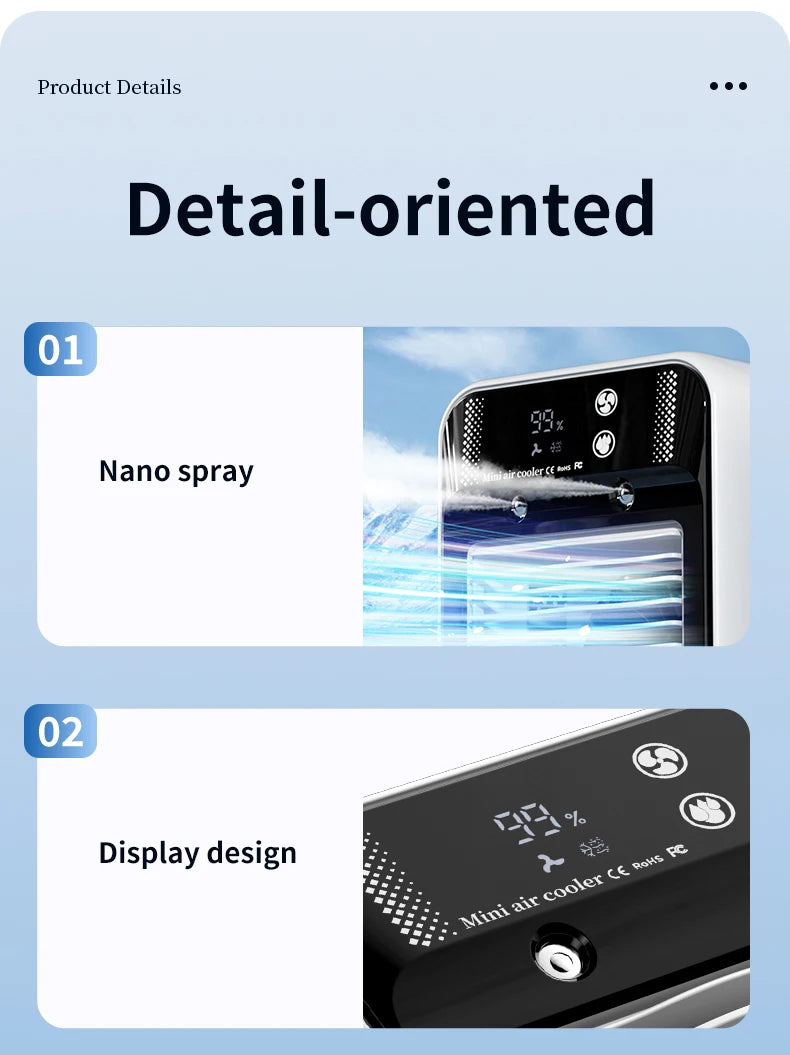 Portable Mini Air Conditioner – Fast Cooling Ultrasonic Nano Mist LCD Display Rechargeable Outdoor Cooler