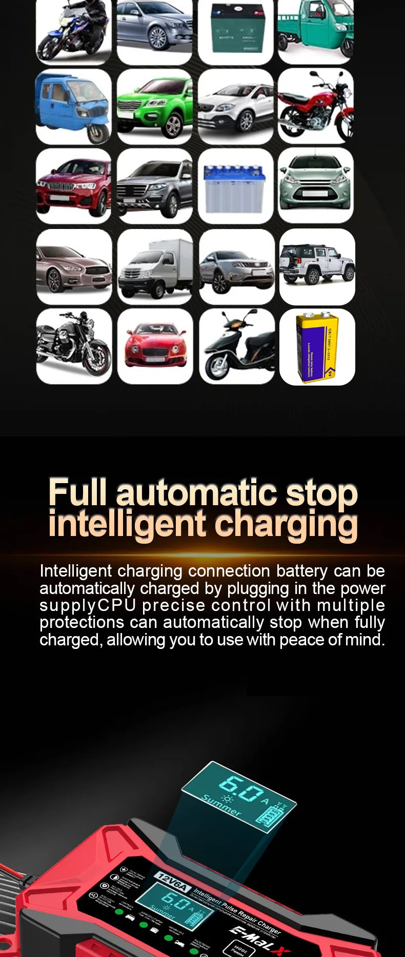 12V 6A Smart Car Battery Charger – Pulse Repair LiFePO4 14.6V Fast Charge AGM GEL Lead-Acid for Auto & Motorcycle