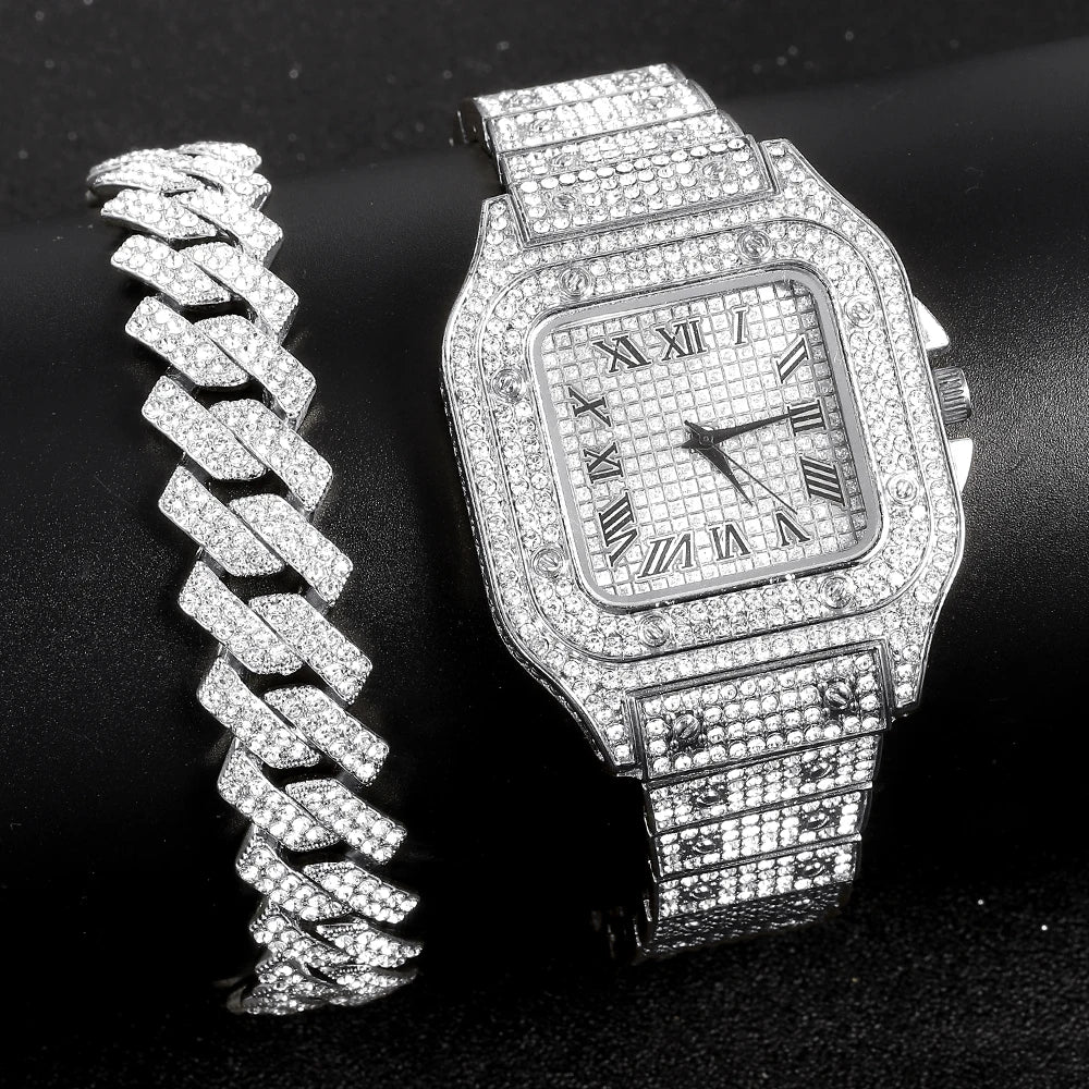 Men's Gold Cuban Chain Hip Hop Watch & Bracelet Set | Iced Out Rhinestone Bling Rapper Jewelry