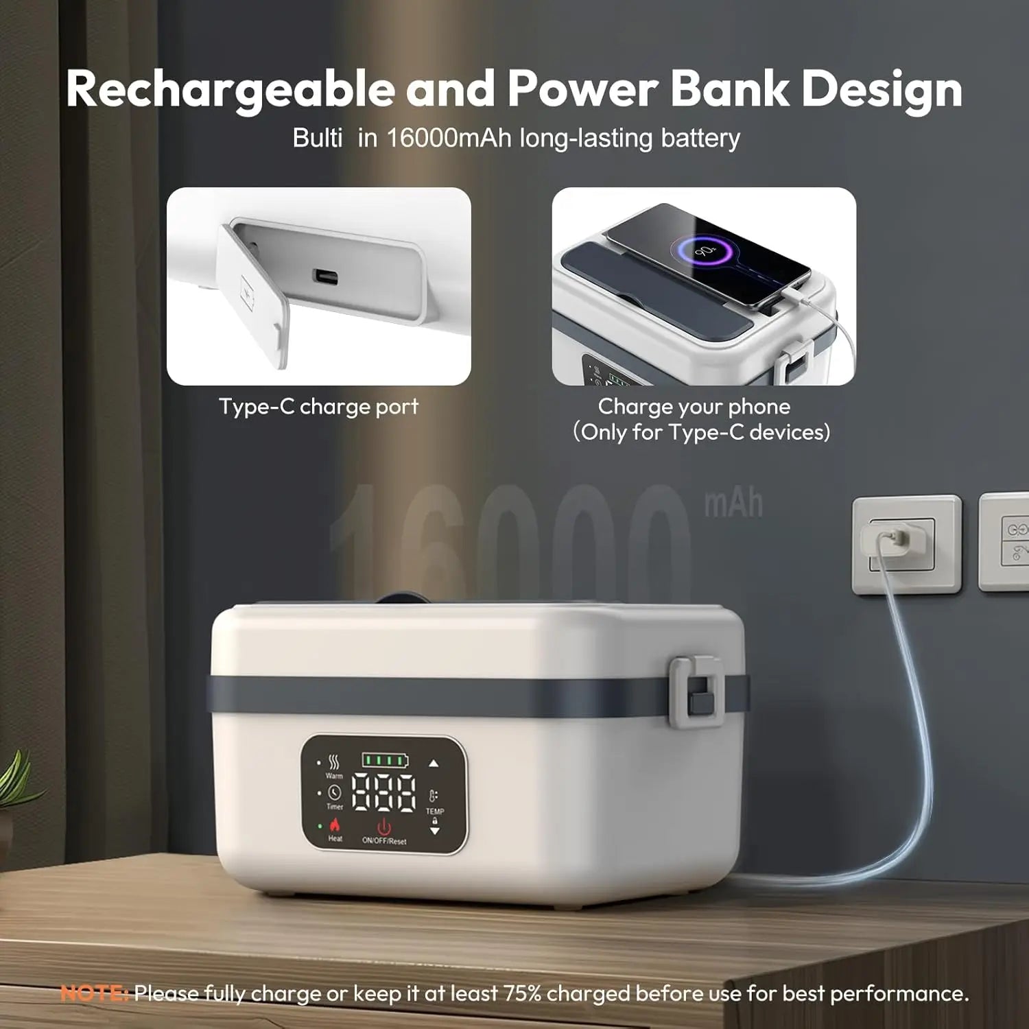 Portable Electric Lunch Box – 1L Self-Heating with 16000mAh Power Bank, Wireless, for Work, Travel & Car