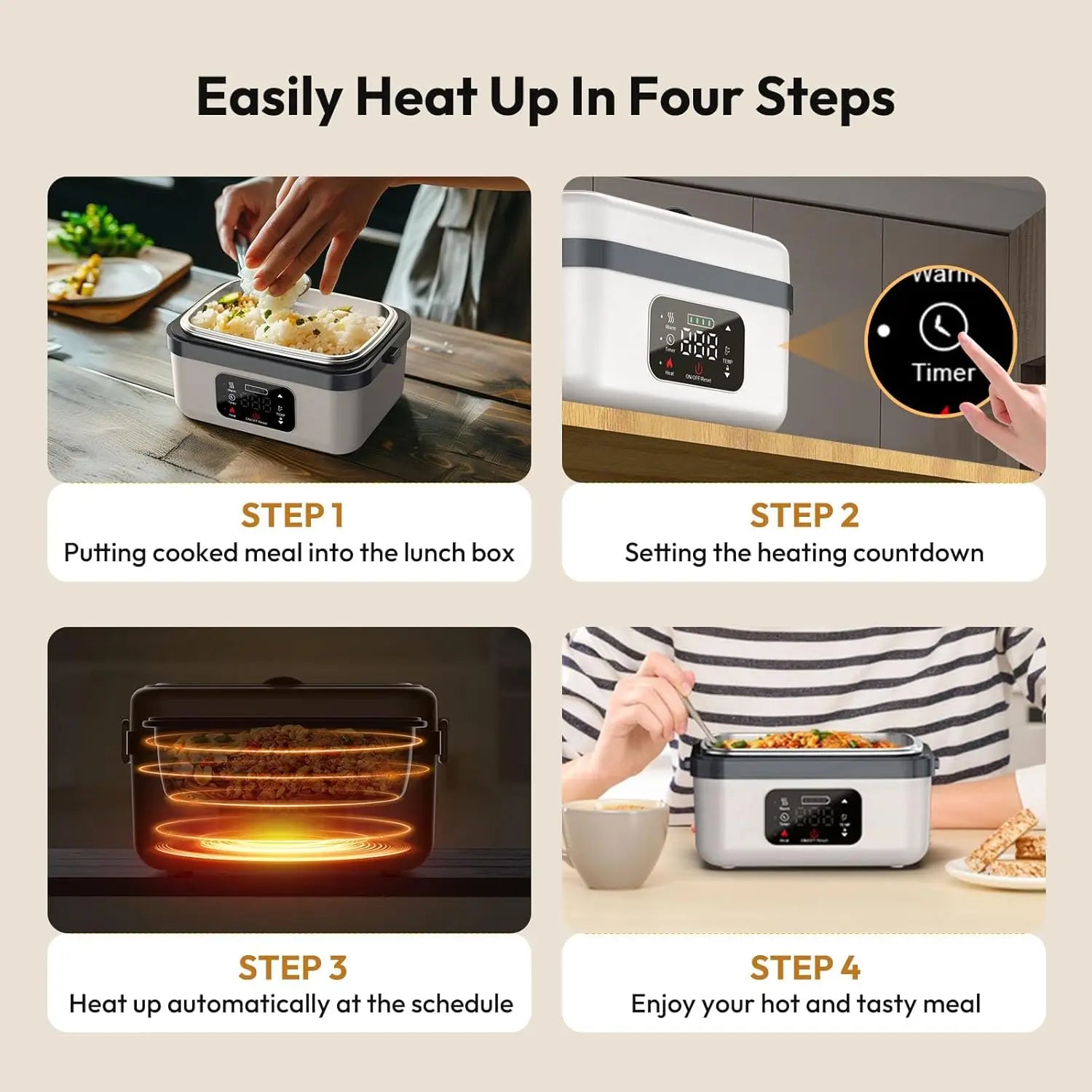 Portable Electric Lunch Box – 1L Self-Heating with 16000mAh Power Bank, Wireless, for Work, Travel & Car