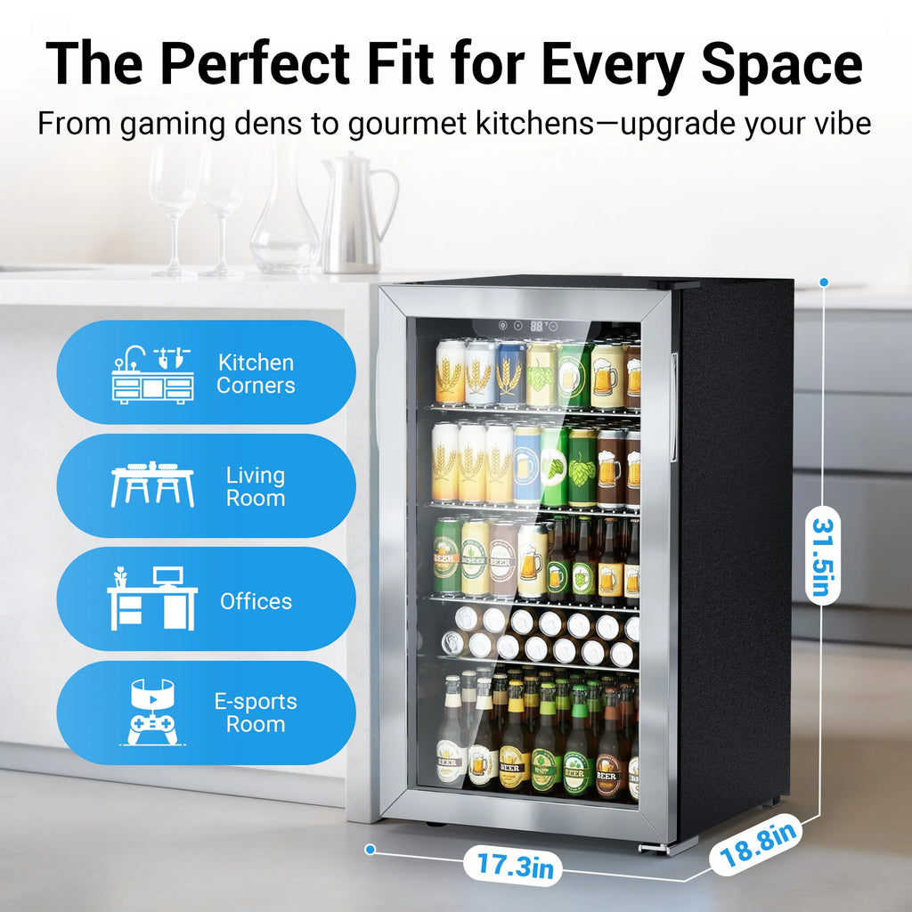 130-Can Beverage Refrigerator & Cooler — Mini Fridge with Glass Door, Adjustable Removable Shelves for Office & Bar