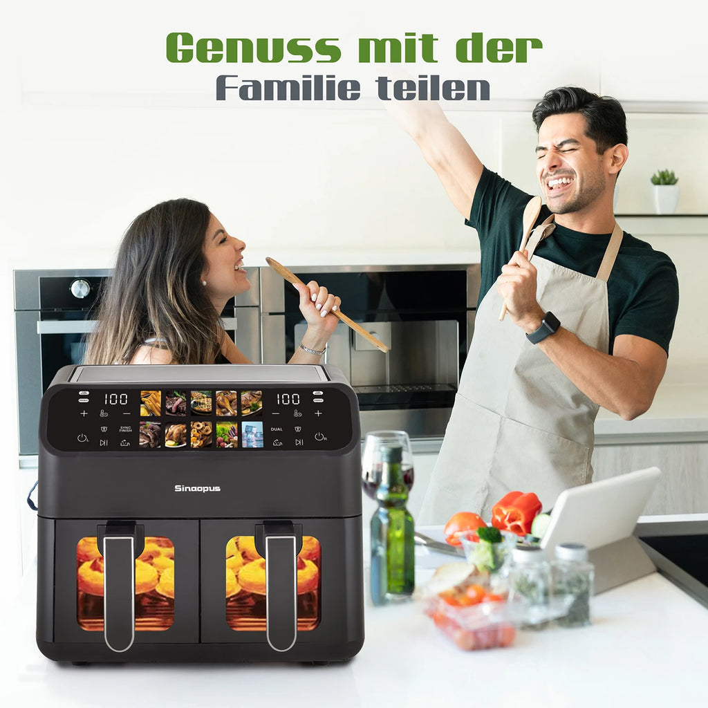 Sinaopus 9L Dual Basket Air Fryer – LED Touch Control, Visible Window, Oilless Cooker for Large Family Meals
