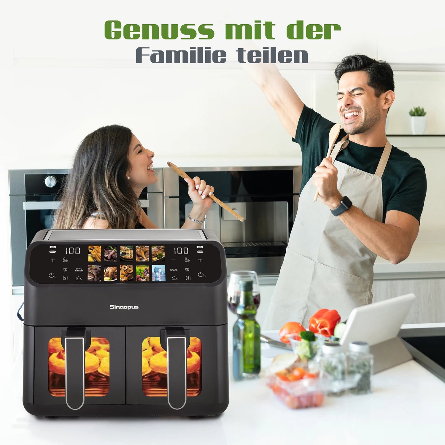 Sinaopus 9L Dual Basket Air Fryer – LED Touch Control, Visible Window, Oilless Cooker for Large Family Meals