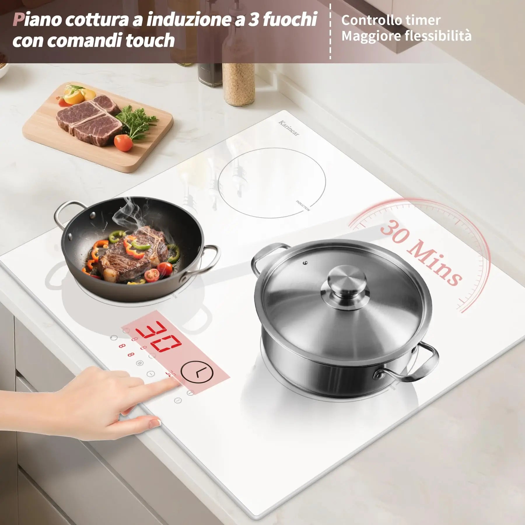 Karinear 3-Plate Induction Hob – 59cm White, Boost, Safety Lock, Timer, 16A, 220-240V, Plug-In