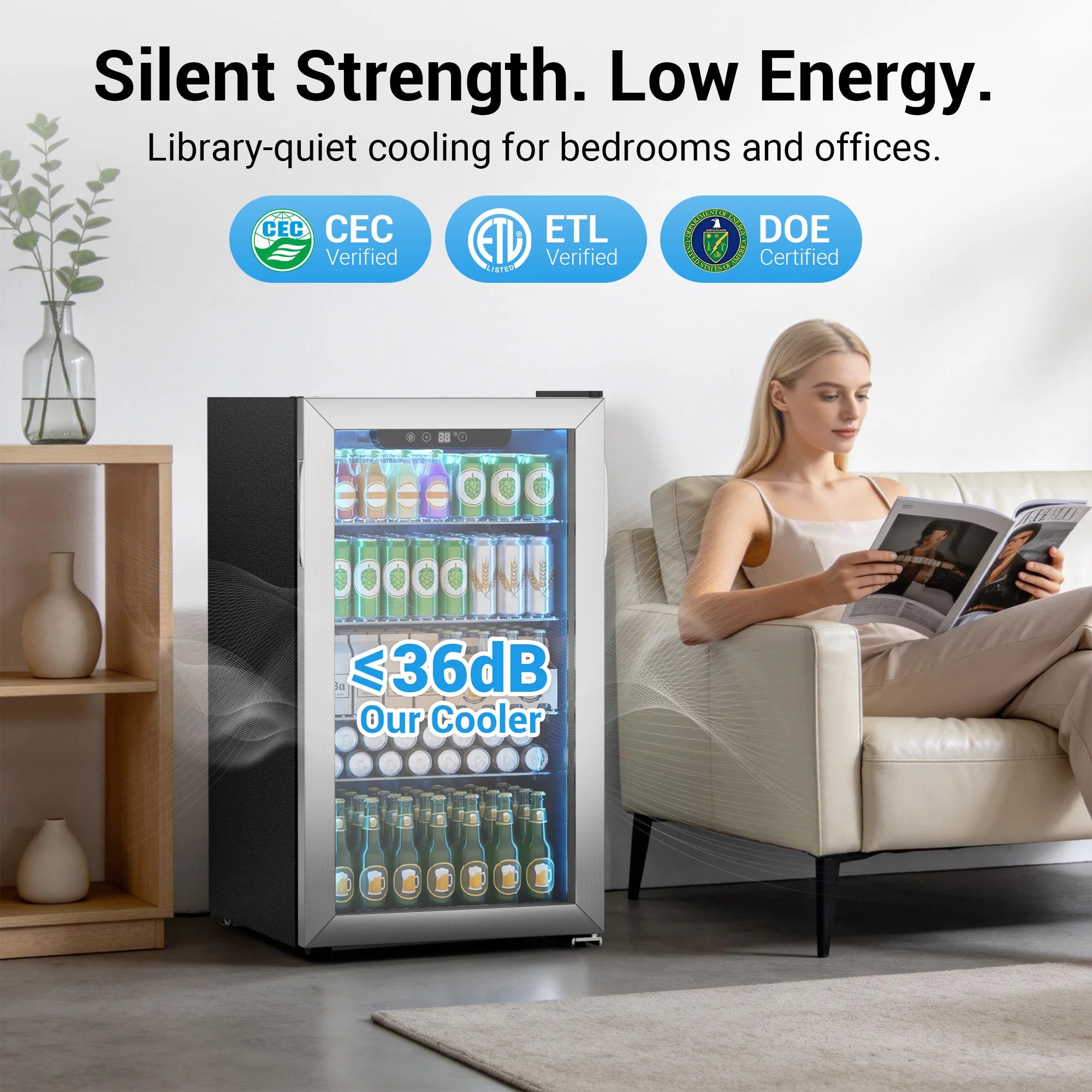 130-Can Beverage Refrigerator & Cooler — Mini Fridge with Glass Door, Adjustable Removable Shelves for Office & Bar