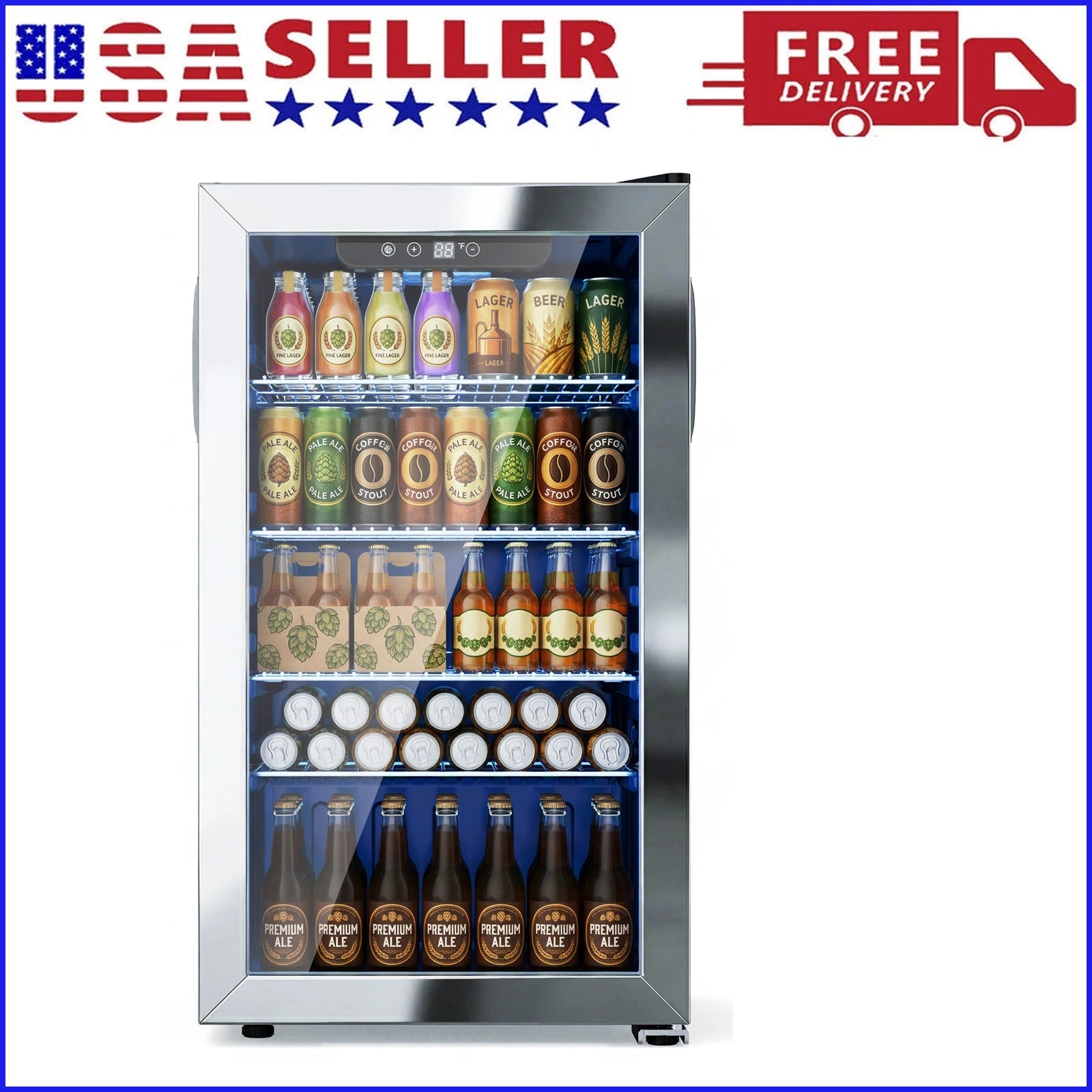 130-Can Beverage Refrigerator & Cooler — Mini Fridge with Glass Door, Adjustable Removable Shelves for Office & Bar