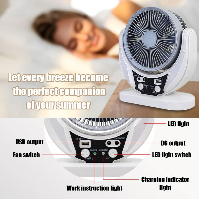 Solar Multifunctional Fan & LED Emergency Light — USB Charging, Night Light & Phone Charger