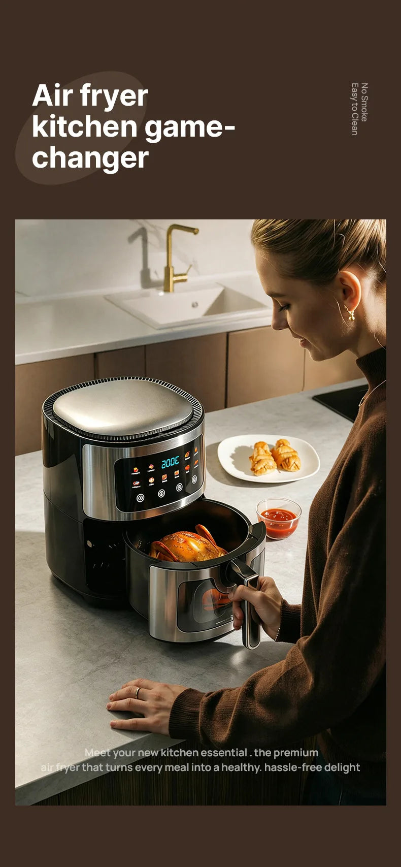 8L Large Air Fryer with Visible Window Digital Touchscreen 8 Presets Stainless Steel Oil-Free Healthy Cooker for Home Kitchen