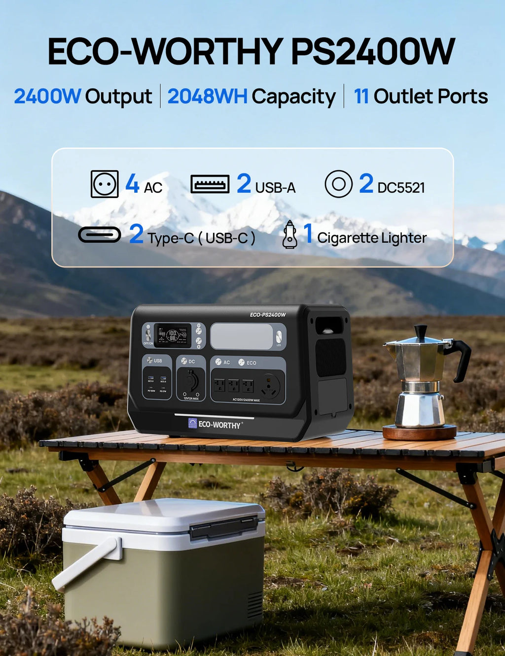 ECO-WORTHY 200W Portable Solar Panel & 2400W Power Station – 2048Wh LiFePO4 Battery for RV & Off-Grid