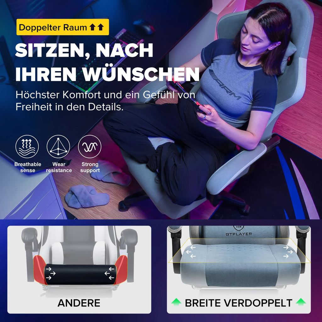 GTPLAYER Ergonomic Gaming Chair – Fabric Surface, Spring Seat Cushion & Linked Armrests, Desk Chair
