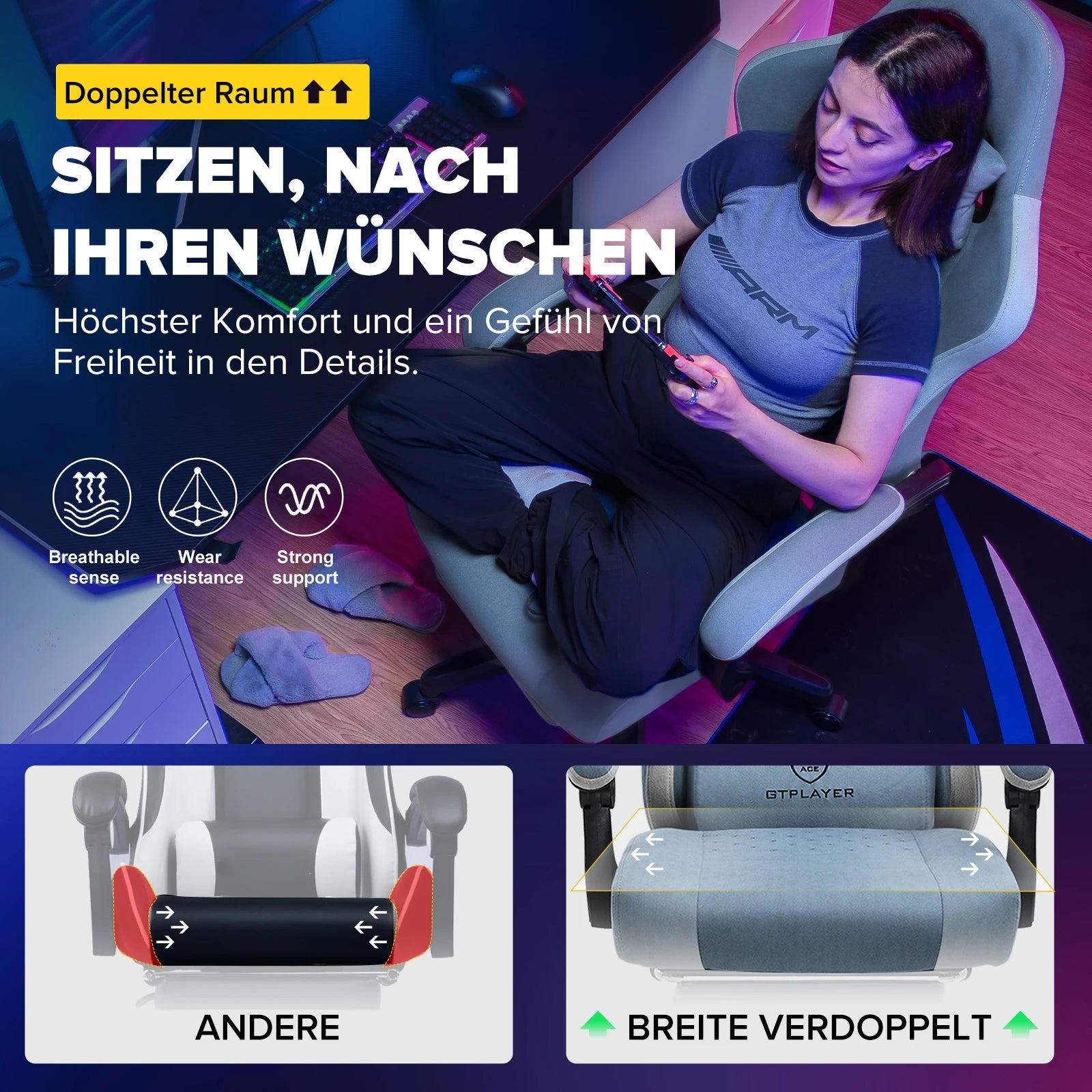 GTPLAYER Ergonomic Gaming Chair – Fabric Surface, Spring Seat Cushion & Linked Armrests, Desk Chair