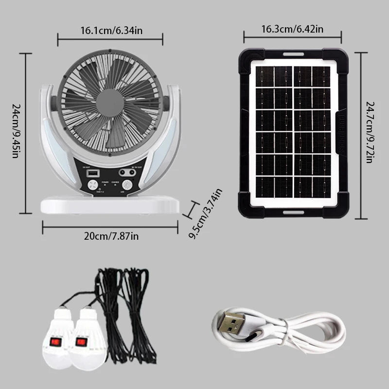 Solar Multifunctional Fan & LED Emergency Light — USB Charging, Night Light & Phone Charger