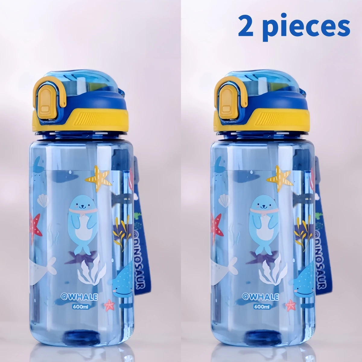 600ml Dinosaur Kids Water Bottle – BPA-Free Silicone Straw Sippy Cup, Leakproof with Carry Rope