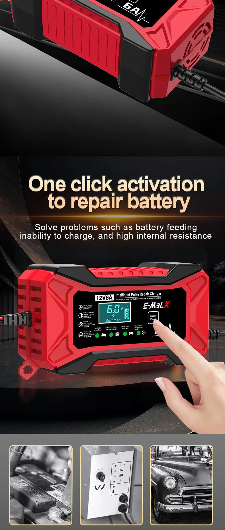 12V 6A Smart Car Battery Charger – Pulse Repair LiFePO4 14.6V Fast Charge AGM GEL Lead-Acid for Auto & Motorcycle