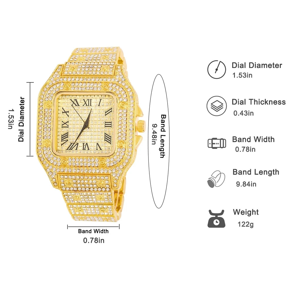 Men's Gold Cuban Chain Hip Hop Watch & Bracelet Set | Iced Out Rhinestone Bling Rapper Jewelry