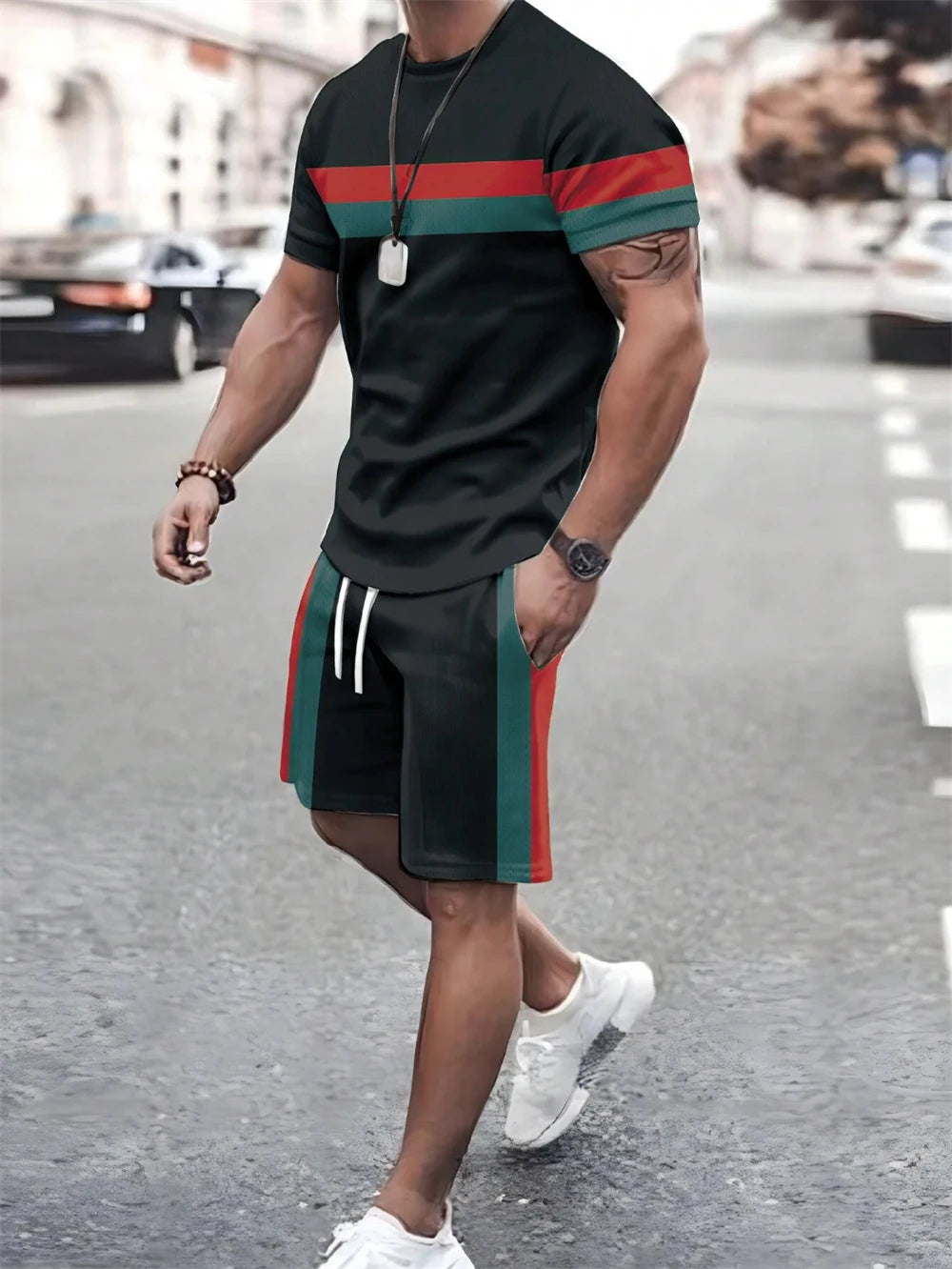 Men's Line Print Spliced Short Sleeve T-Shirt & Drawstring Shorts Summer Set