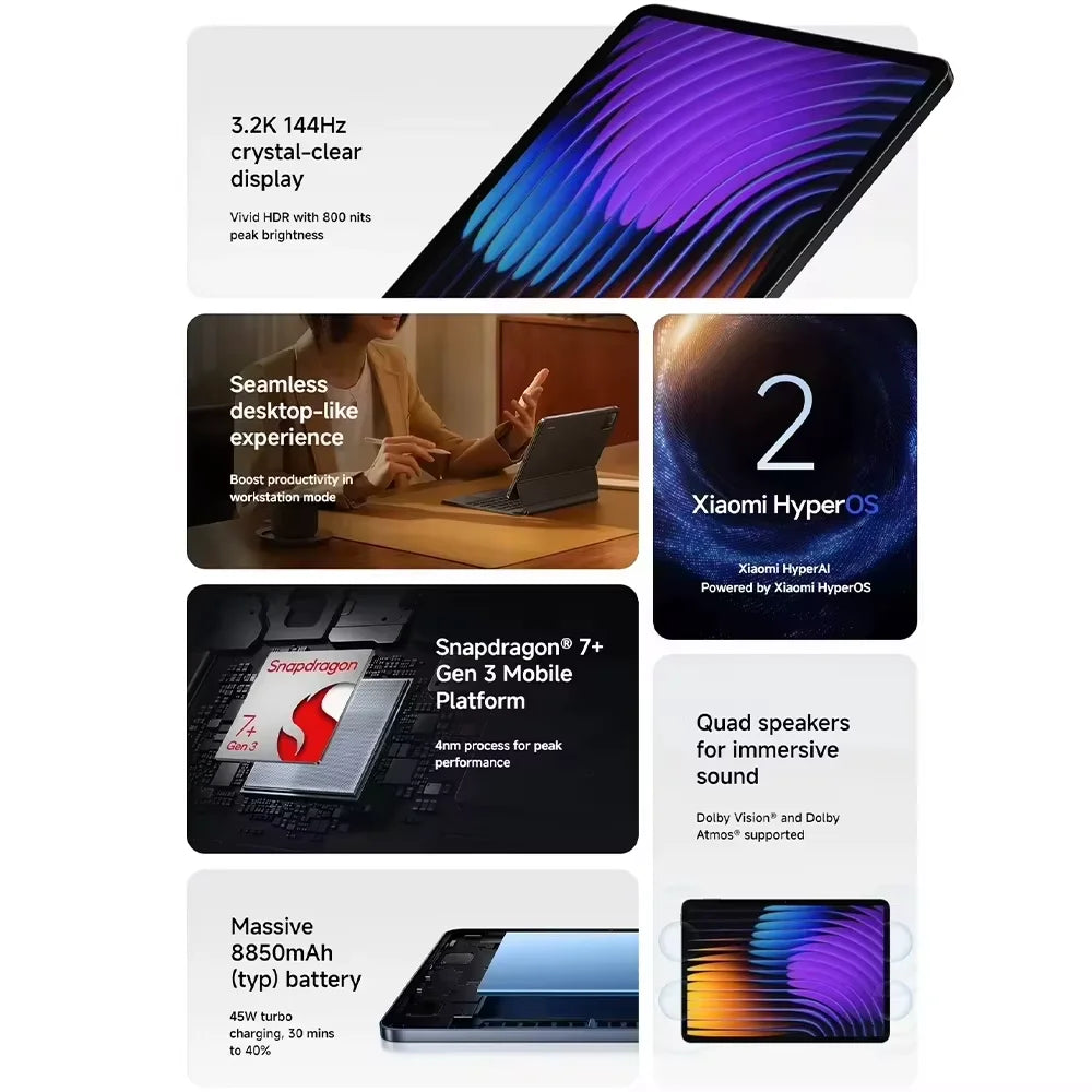 Xiaomi Pad 7 11.2" 3.2K 144Hz Tablet – Snapdragon 7+ Gen 3, 8850mAh, Wi-Fi 6E