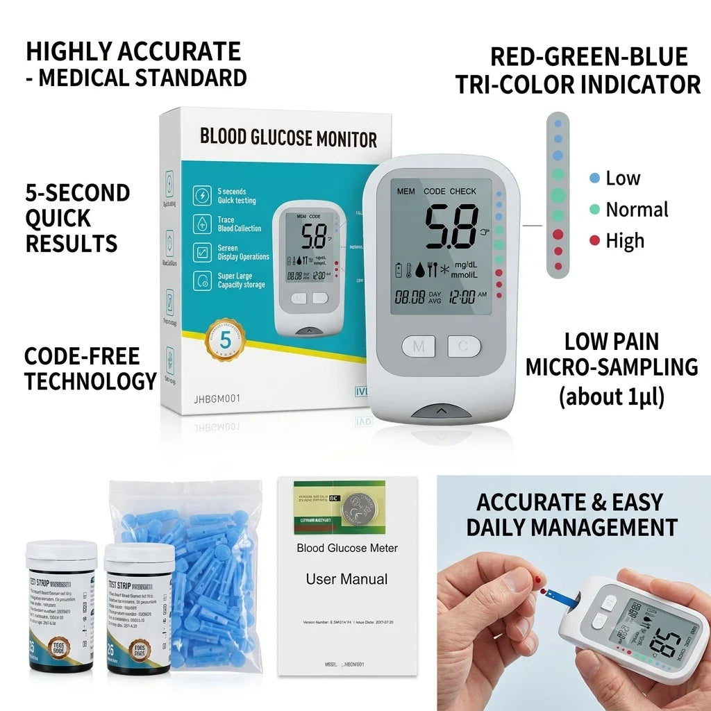 Blood Glucose Monitor Kit – Tri-Color Backlight Glucometer with 50 Test Strips, Lancets & Lancing Device for Diabetes Home Use