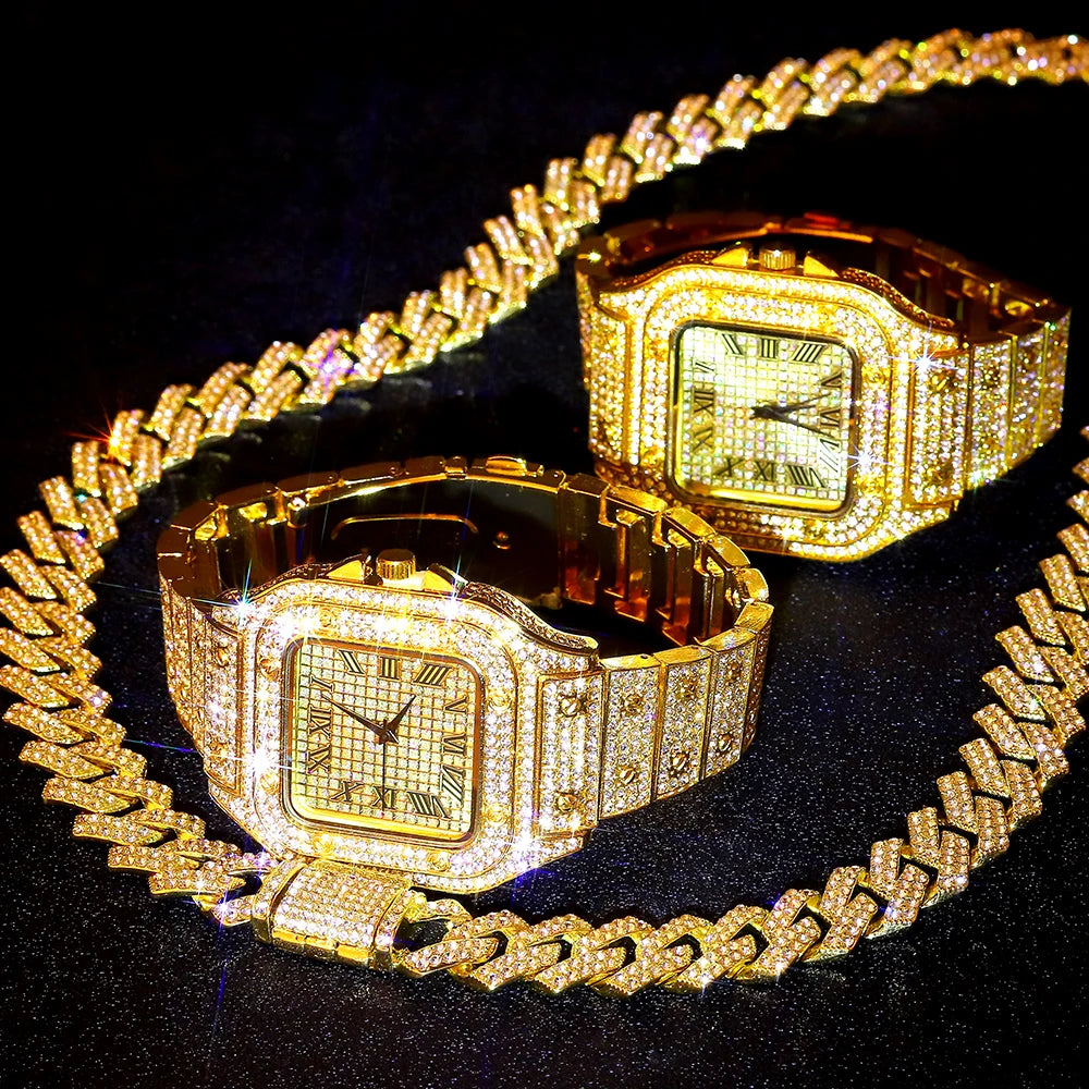 Men's Gold Cuban Chain Hip Hop Watch & Bracelet Set | Iced Out Rhinestone Bling Rapper Jewelry