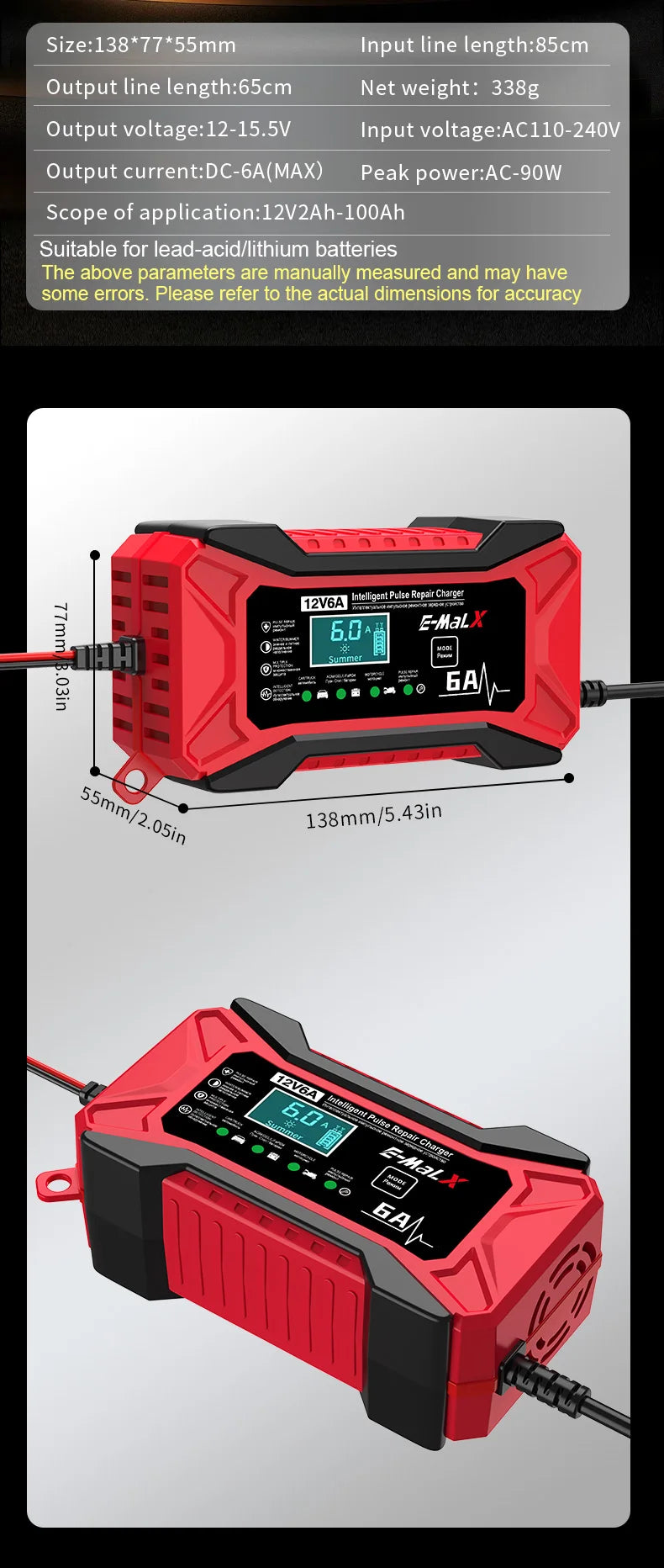 12V 6A Smart Car Battery Charger – Pulse Repair LiFePO4 14.6V Fast Charge AGM GEL Lead-Acid for Auto & Motorcycle