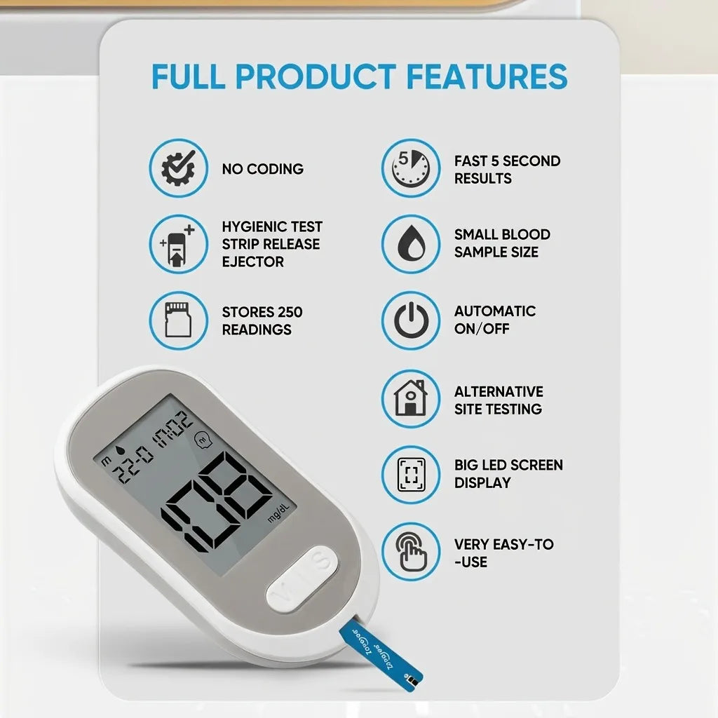VivaGuard Blood Glucose Monitor Kit – No Coding Glucometer with Test Strips, Lancets & High-Precision 5-Second Results