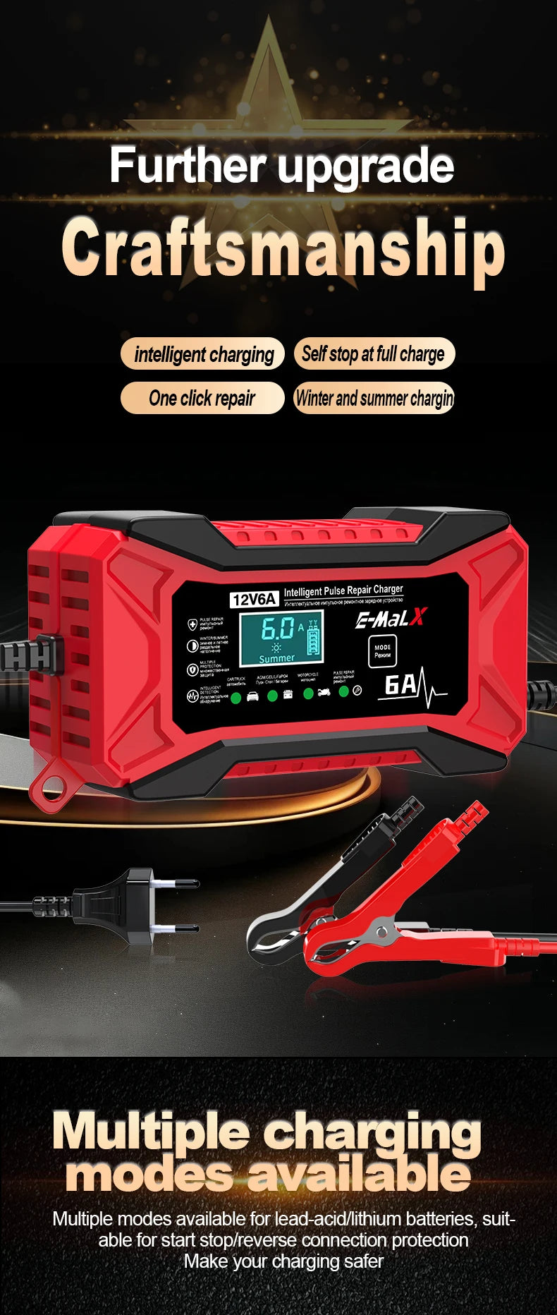 12V 6A Smart Car Battery Charger – Pulse Repair LiFePO4 14.6V Fast Charge AGM GEL Lead-Acid for Auto & Motorcycle