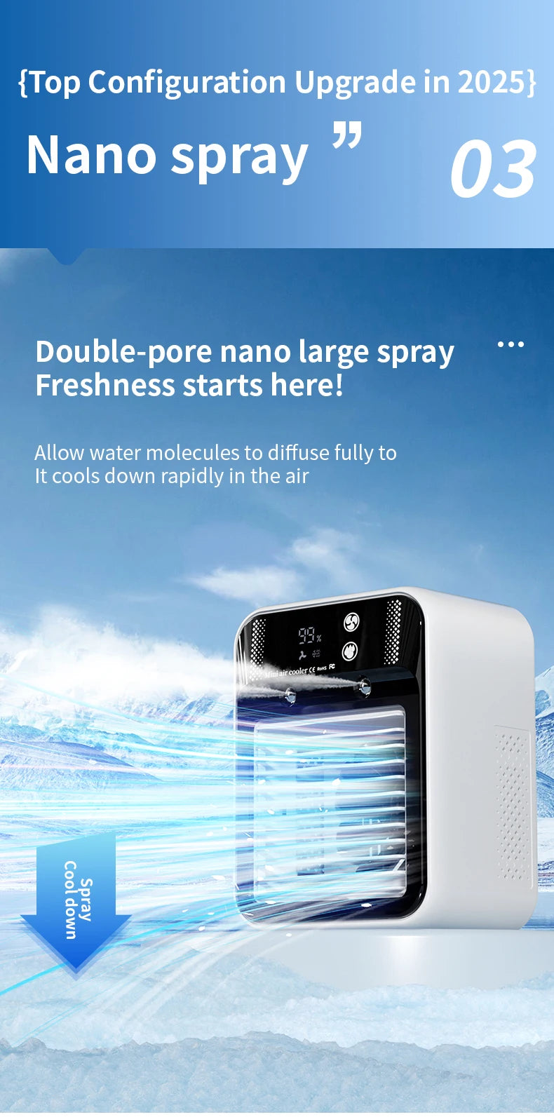 Portable Mini Air Conditioner – Fast Cooling Ultrasonic Nano Mist LCD Display Rechargeable Outdoor Cooler