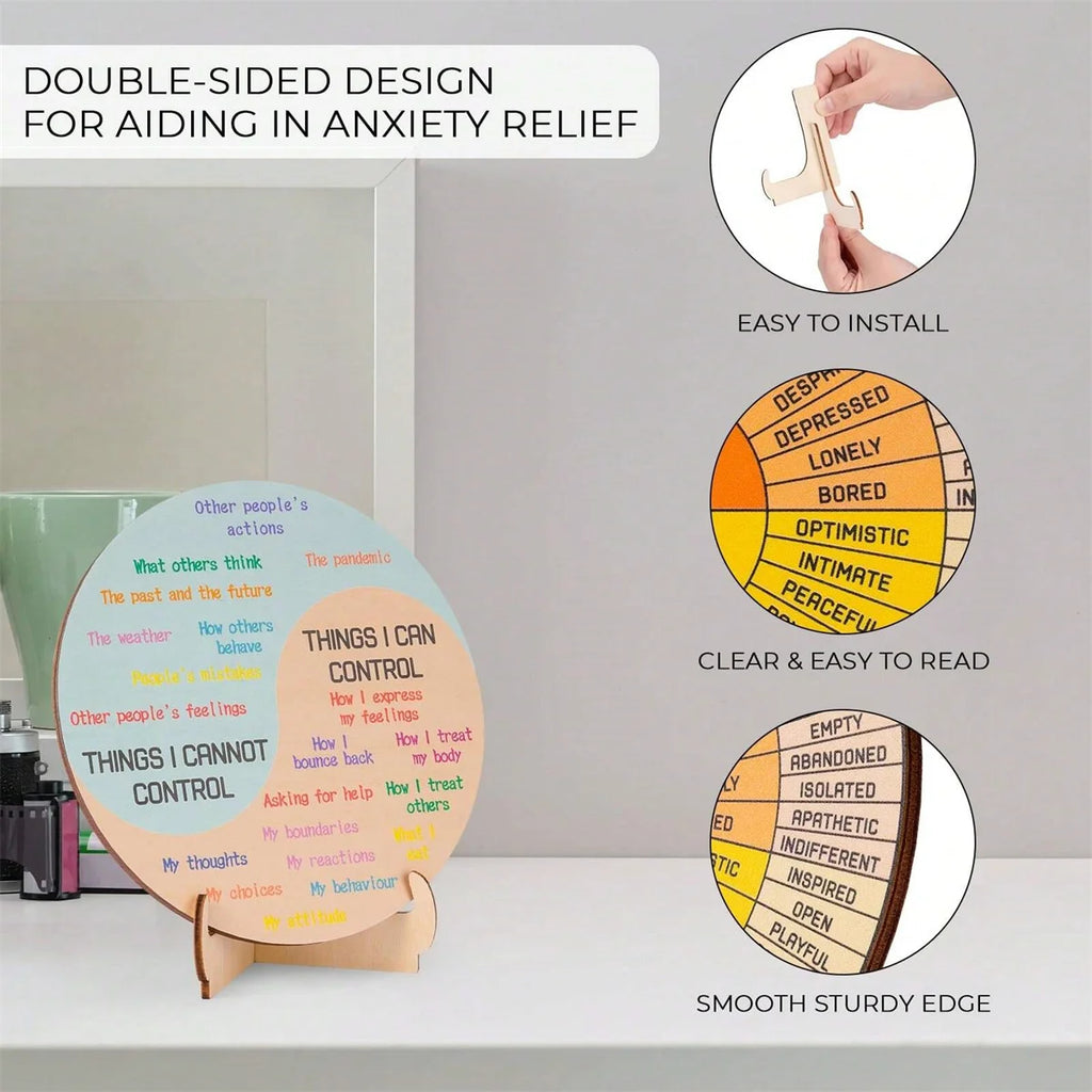 Feelings Wheel Desk Decor — Double-Sided Mental Health Emotions Chart with Stand