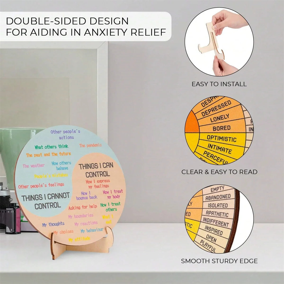 Feelings Wheel Desk Decor — Double-Sided Mental Health Emotions Chart with Stand