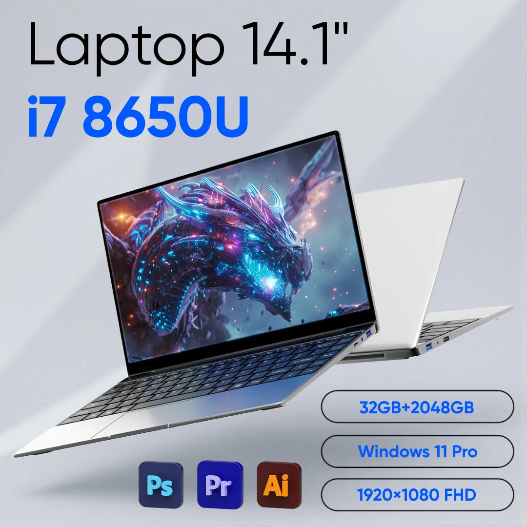 14.1" Intel i7-8650U Ultra Slim Laptop – Up to 32GB DDR4, 2TB SSD, Matte FHD, Windows 11 Pro