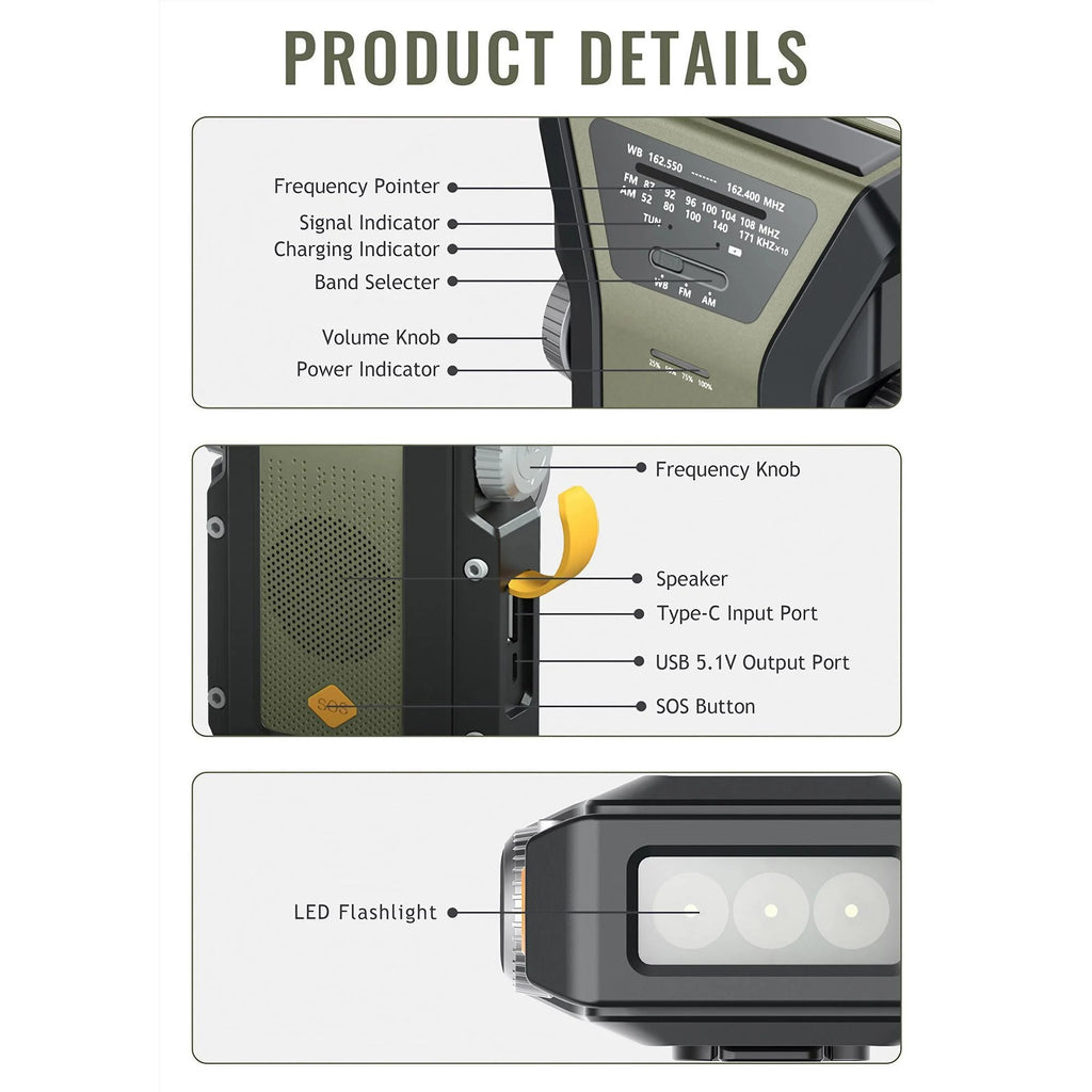 Emergency Weather Radio — FM/AM/WB, Hand Crank Solar, 2000mAh Power Bank & LED Flashlight