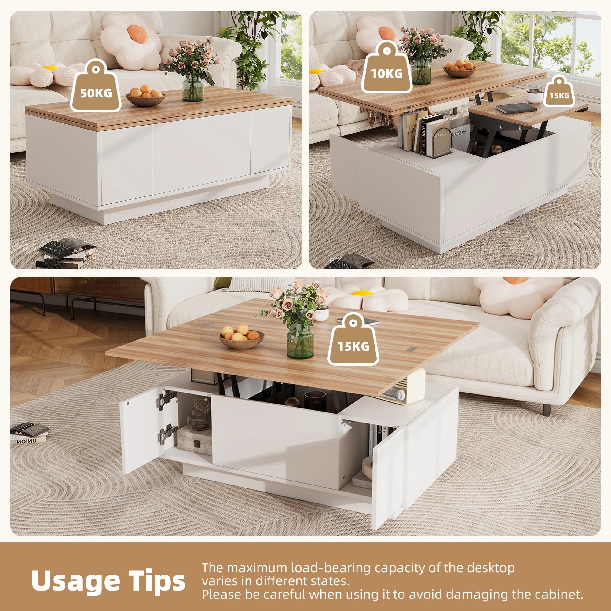 Modern coffee table with double lifting mechanism, hidden storage-load capacity up to 50 kg-residential furniture