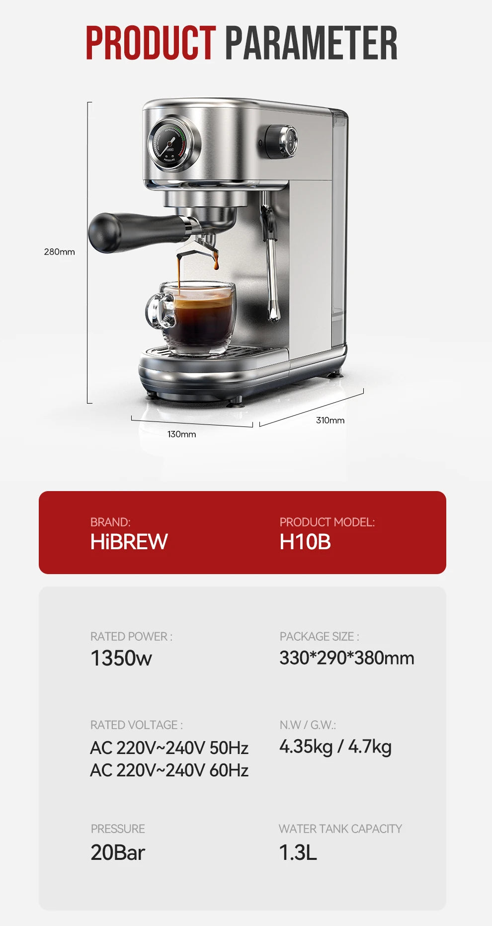 Barista-Level Espresso at Home — HiBREW H10B 20-Bar Semi-Automatic Espresso Machine | Temperature Control, Hot & Cold, Slim Design