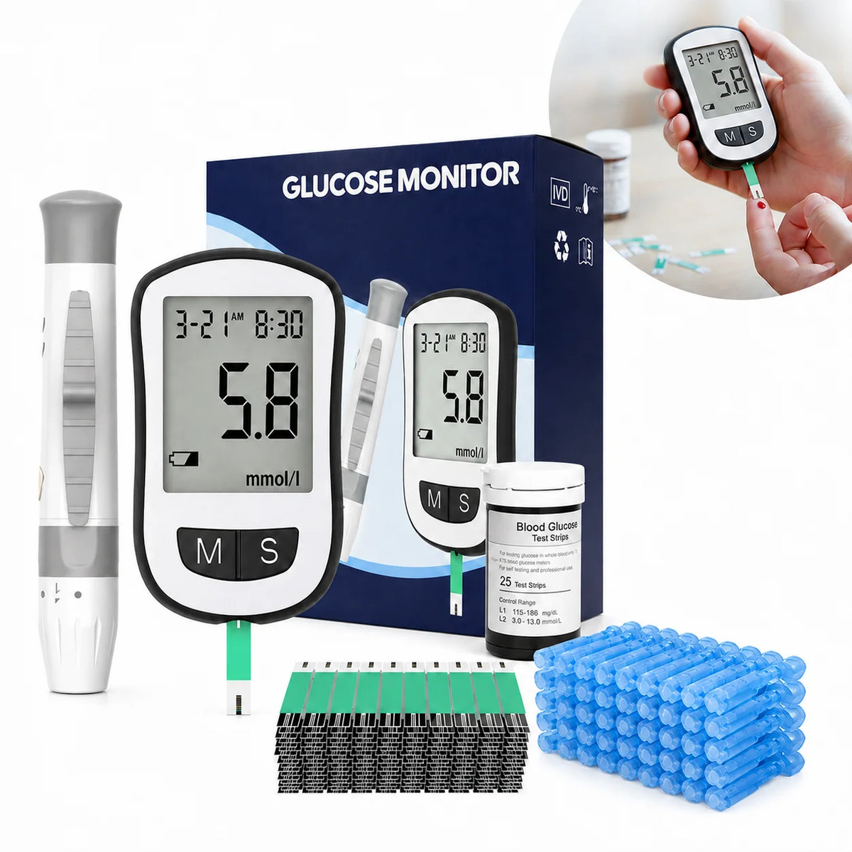 Blood Glucose Monitor Kit – No-Code Glucometer with Test Strips, Lancets, Lancing Device, Large LCD & 200-Reading Memory
