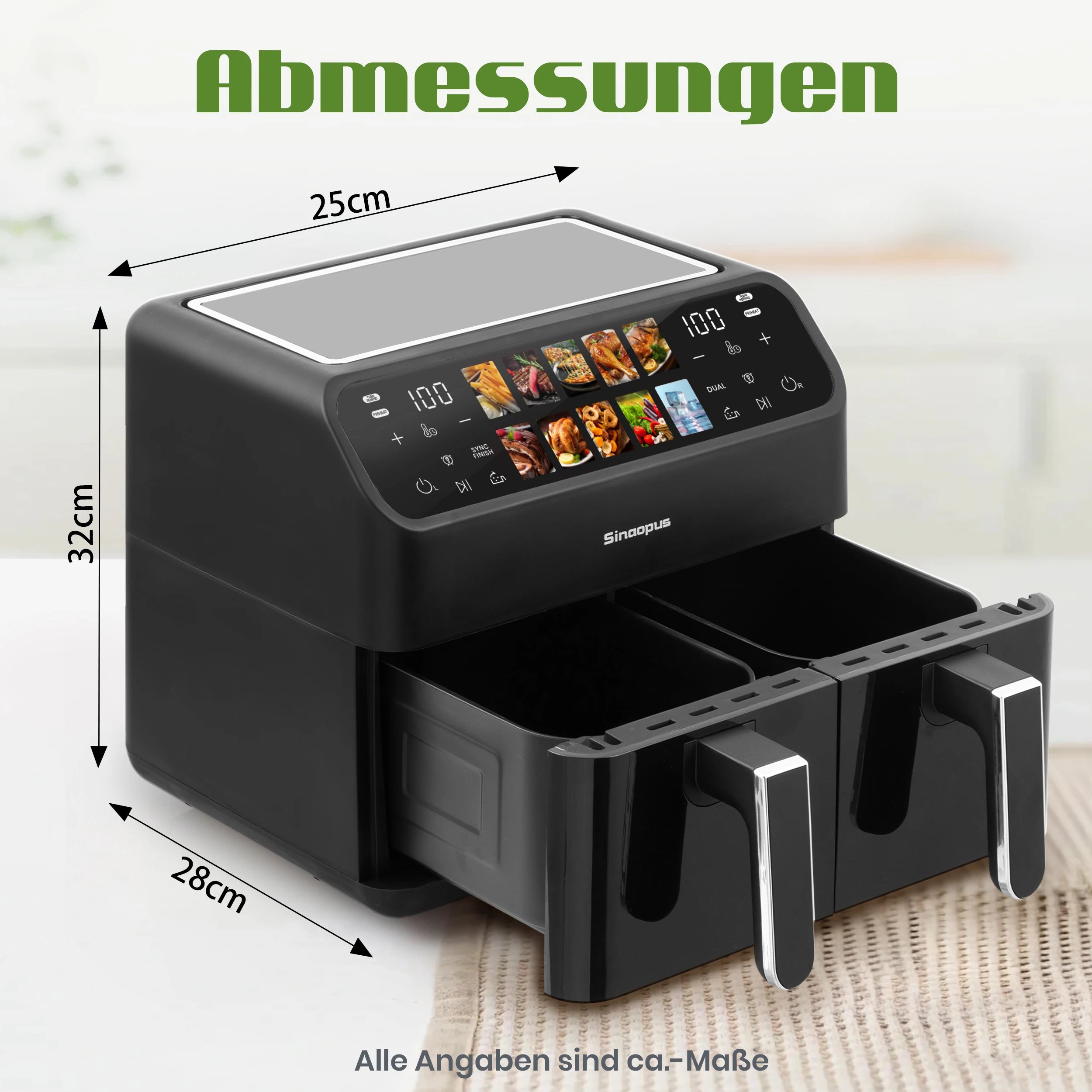 Sinaopus 9L Dual Basket Air Fryer – LED Touch Control, Visible Window, Oilless Cooker for Large Family Meals