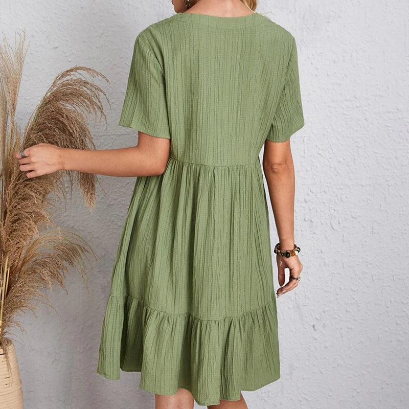 Women's Bohemian V-Neck Ruffle A-Line Mini Dress – Short Sleeve Loose Beach Party Dress