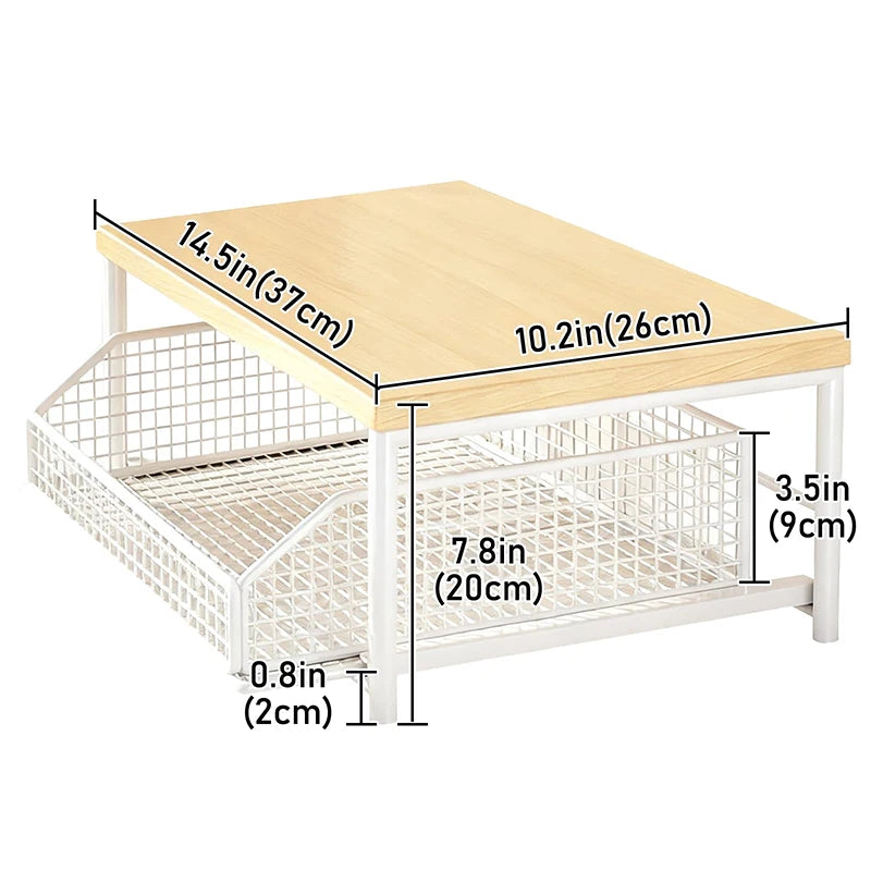 2-Tier Iron Countertop Organizer Shelf with Pull-Out Basket – Multi-Use Stand for Coffee Machine, Microwave & Spices