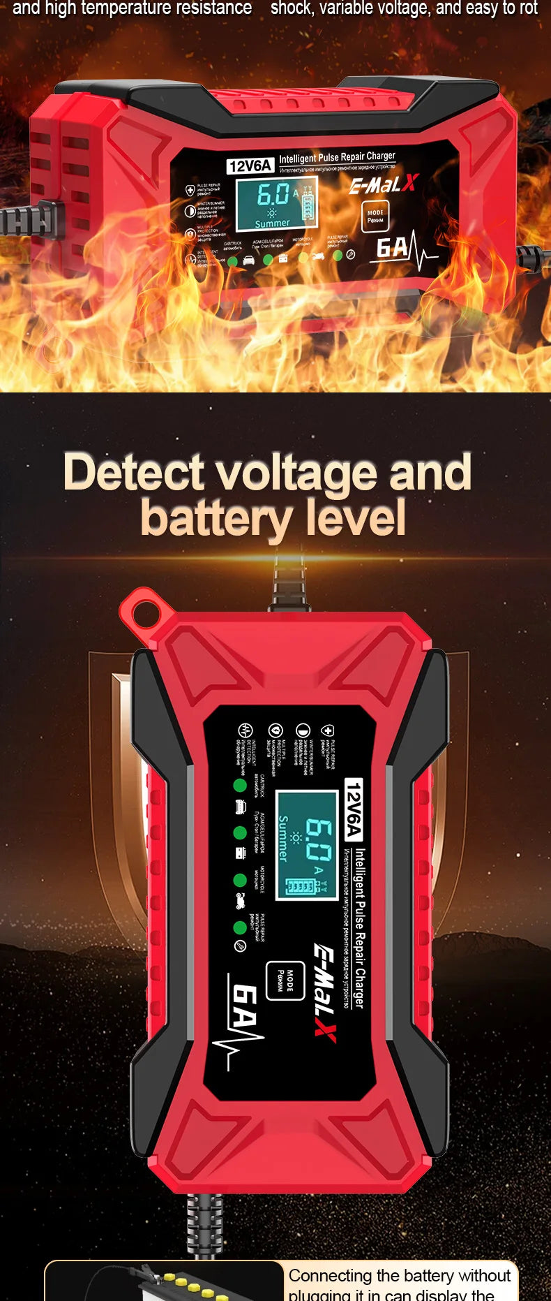 12V 6A Smart Car Battery Charger – Pulse Repair LiFePO4 14.6V Fast Charge AGM GEL Lead-Acid for Auto & Motorcycle