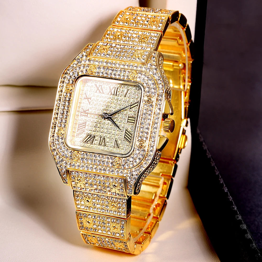Men's Gold Cuban Chain Hip Hop Watch & Bracelet Set | Iced Out Rhinestone Bling Rapper Jewelry